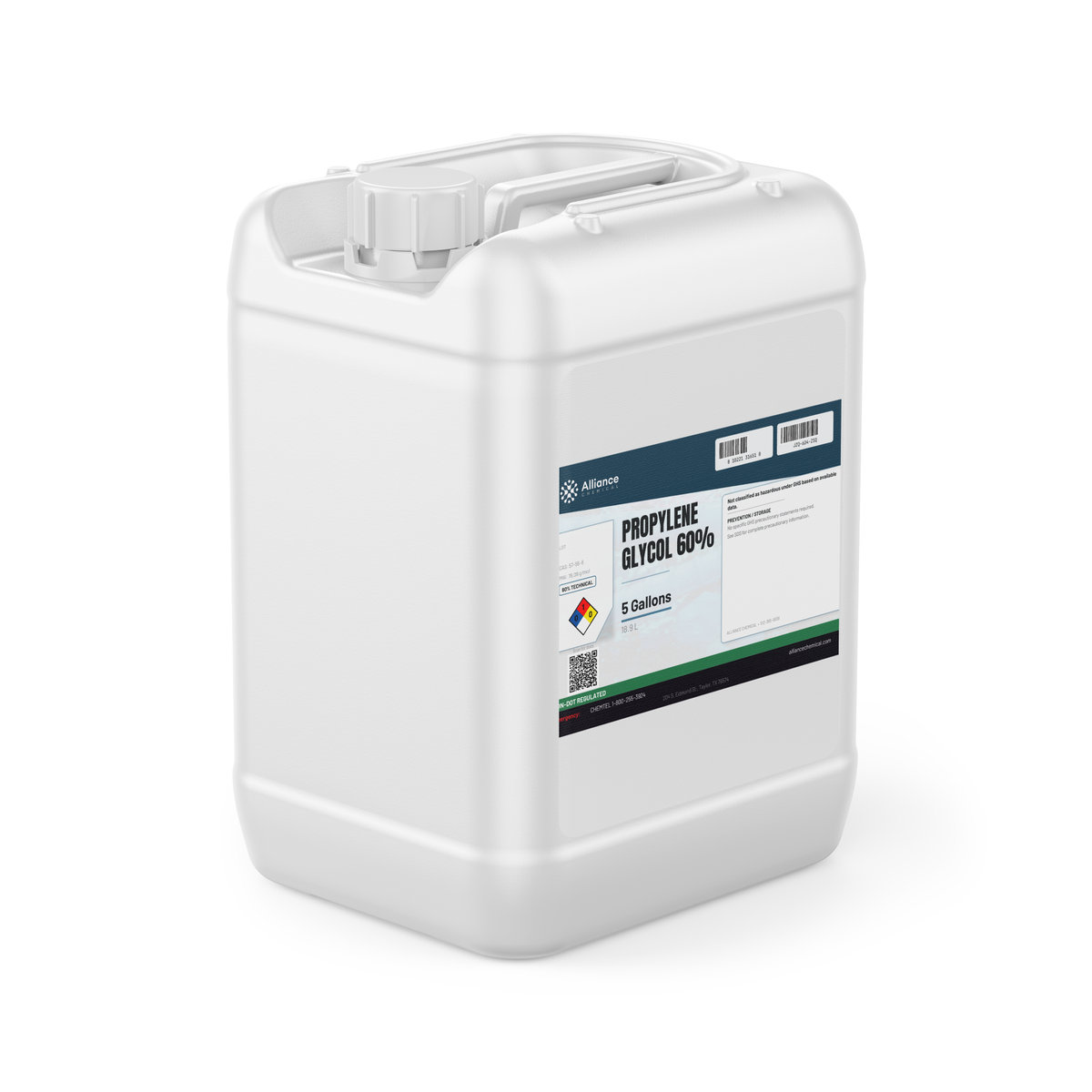Propylene Glycol 60% Technical Grade in a white 5-gallon jerry can from Alliance Chemical