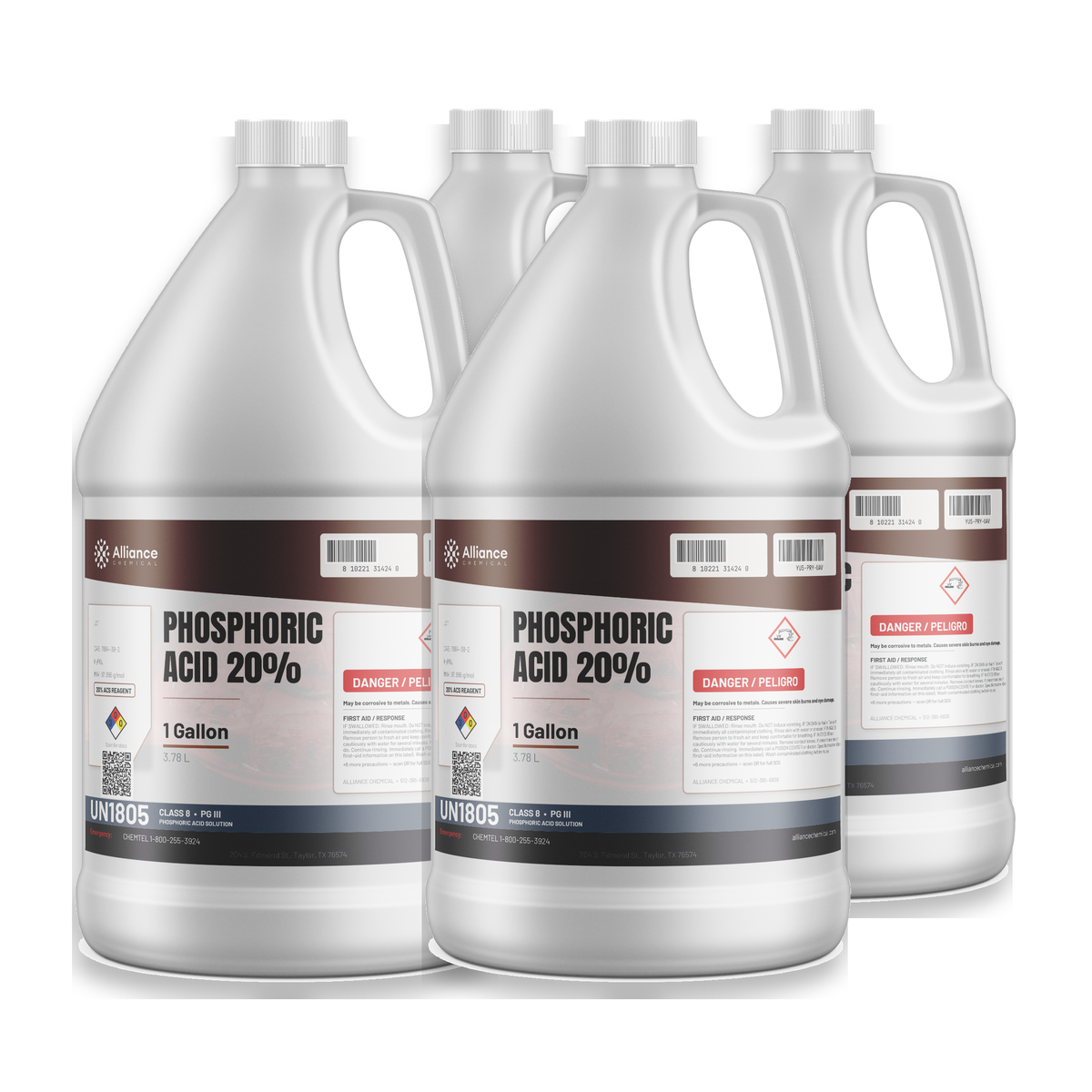 Phosphoric Acid 20% ACS Reagent Grade in a case of four 1-gallon plastic jugs by Alliance Chemical