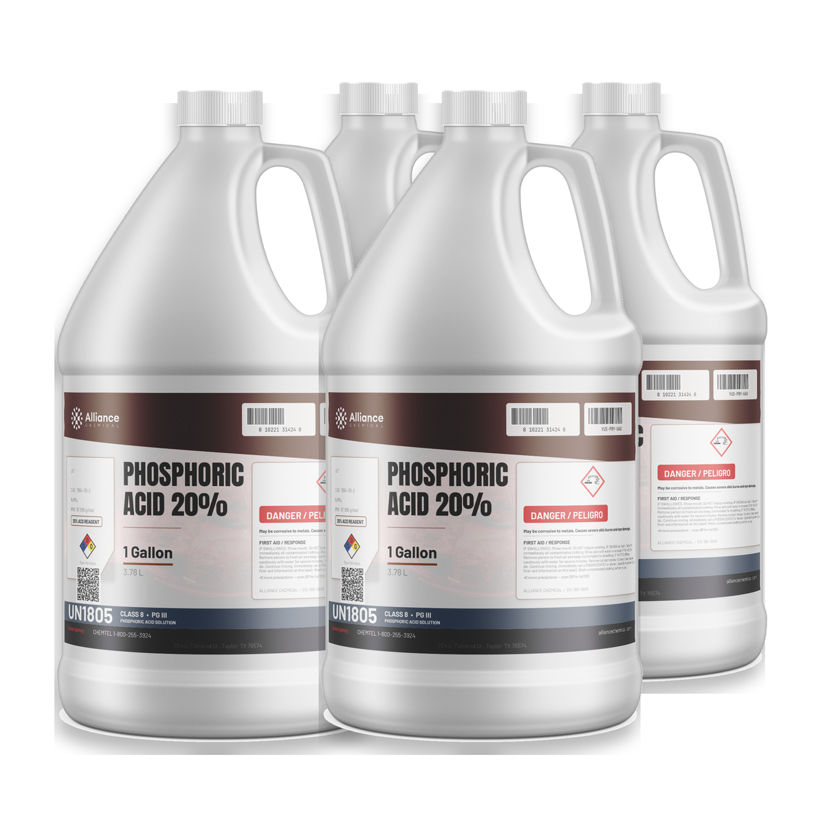Phosphoric Acid 20% ACS Grade in a case of four 1-gallon plastic jugs, Alliance Chemical