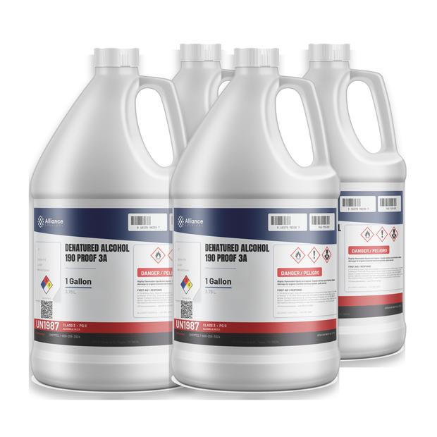 Denatured Alcohol 190 Proof 3A case of four 1-gallon white plastic jugs, Alliance Chemical