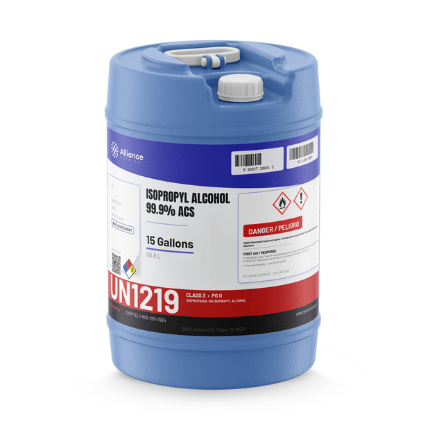 Isopropyl Alcohol 99.9% ACS Reagent Grade in a blue 15-gallon carboy for electronics cleaning by Alliance Chemical