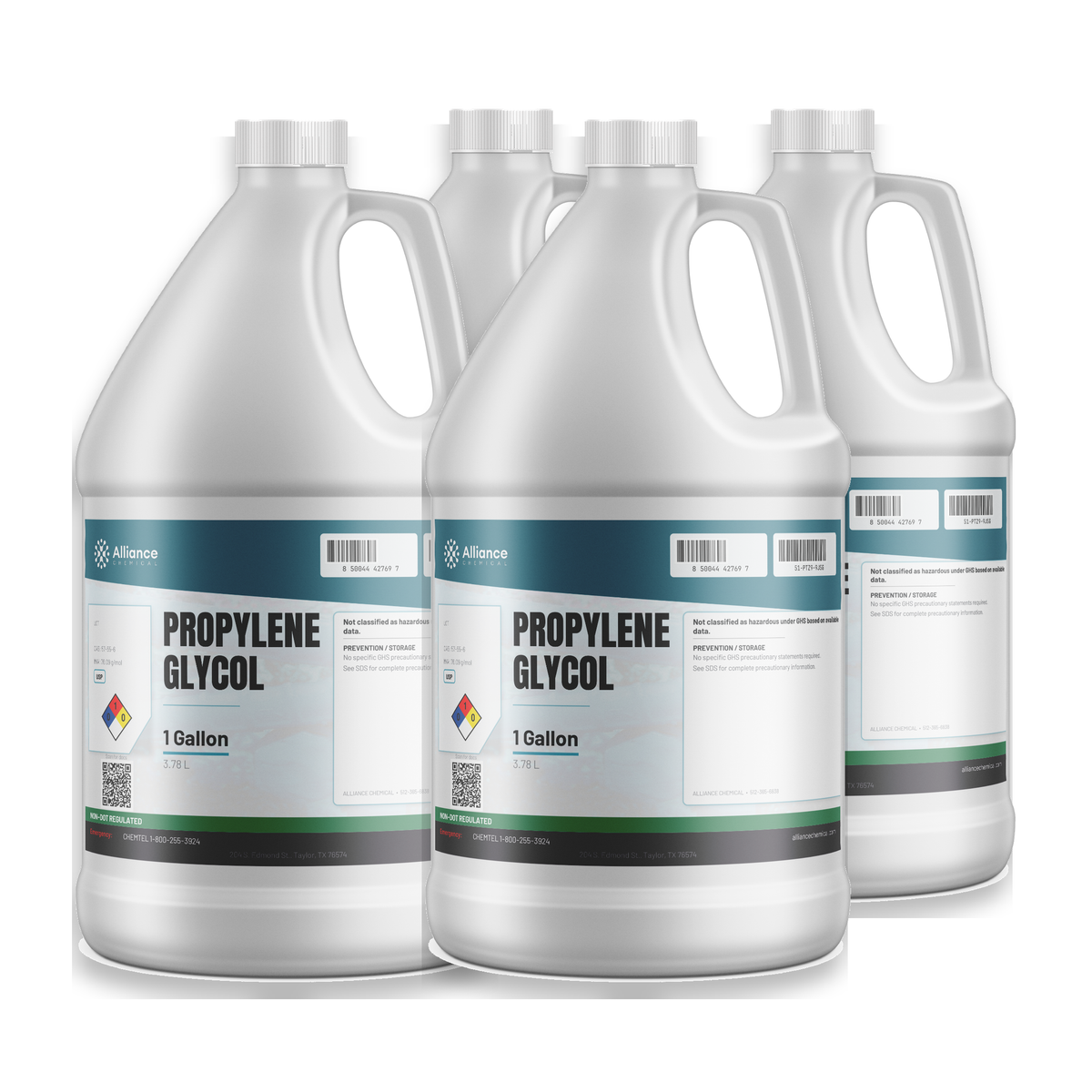 Propylene Glycol 100% USP Grade in a case of four 1-gallon plastic jugs, Alliance Chemical