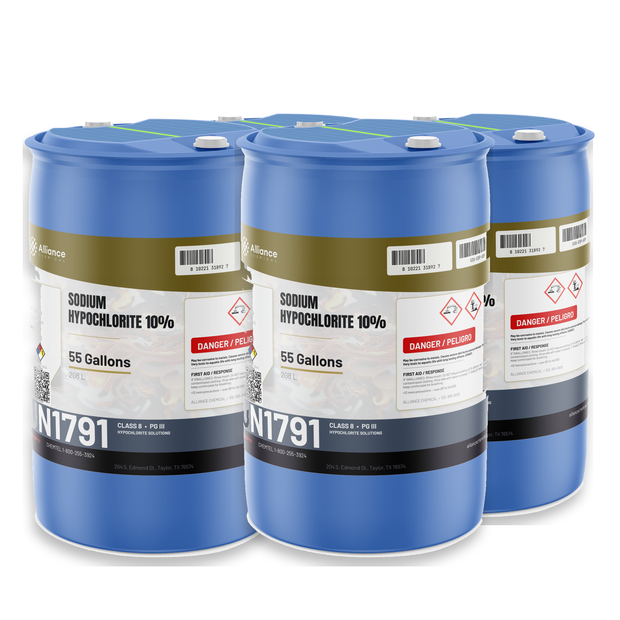 Sodium Hypochlorite 10% Technical Grade in four blue 55-gallon plastic drums from Alliance Chemical