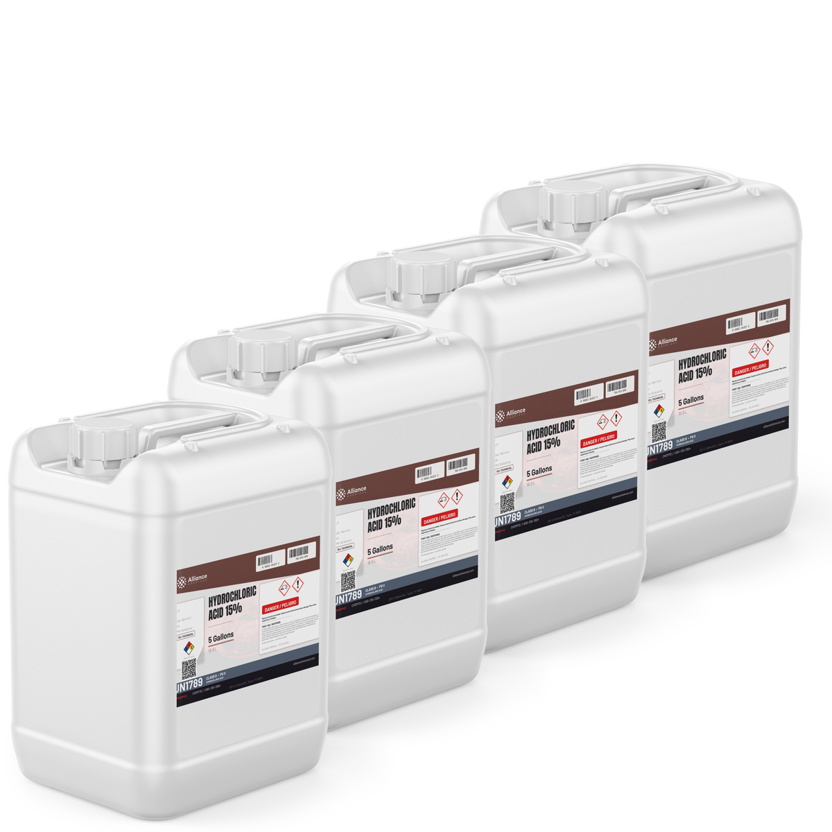 Hydrochloric Acid 15% Technical Grade in four 5-gallon jerry cans from Alliance Chemical for metal pickling and masonry etching