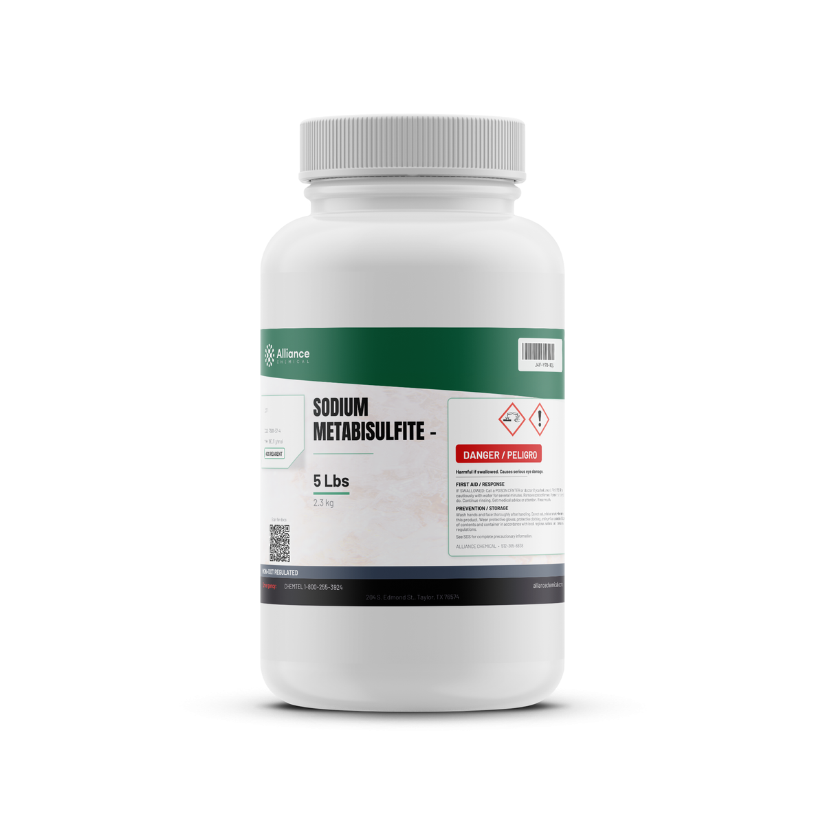 Sodium Metabisulfite ACS Reagent Grade in a 5-lb white plastic bottle from Alliance Chemical