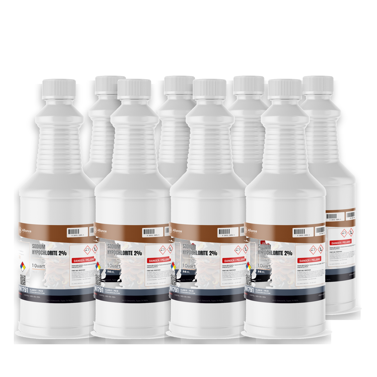 Sodium Hypochlorite 2% Technical Grade in a case of eight 1-quart plastic bottles, Alliance Chemical