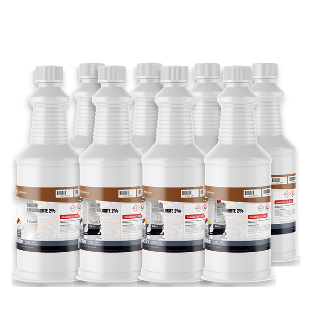 Sodium Hypochlorite 2% Technical Grade in a case of eight 1-quart plastic bottles, Alliance Chemical