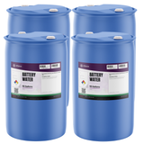 Technical grade deionized battery water in four 55-gallon drums from Alliance Chemical for lead-acid battery maintenance