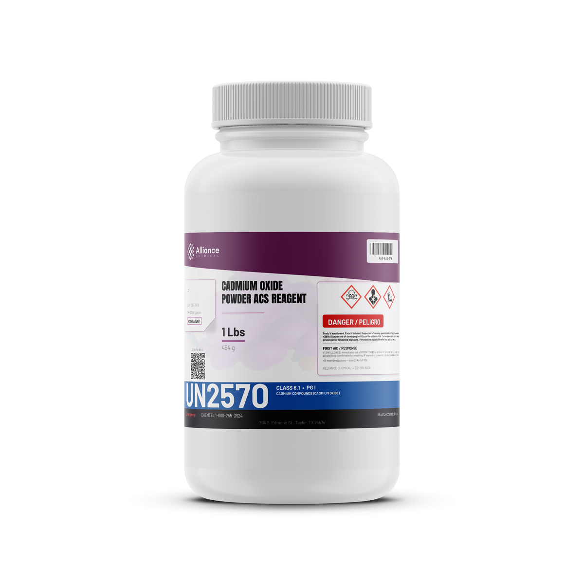 Cadmium oxide powder ACS reagent grade in a 1-lb white plastic bottle, Alliance Chemical