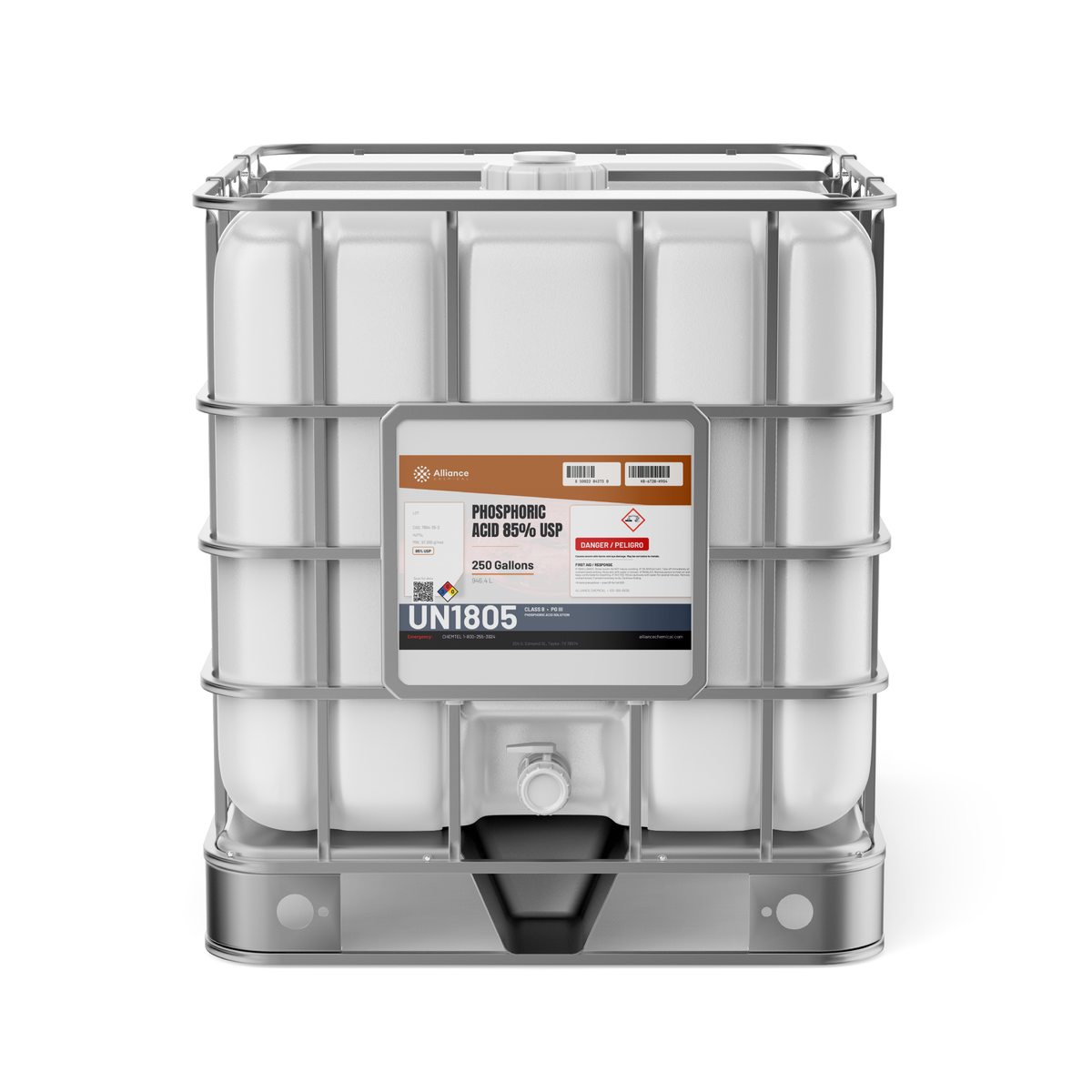Phosphoric Acid 85% USP Food Grade in a 275-gallon IBC tote, Alliance Chemical for metal surface treatment