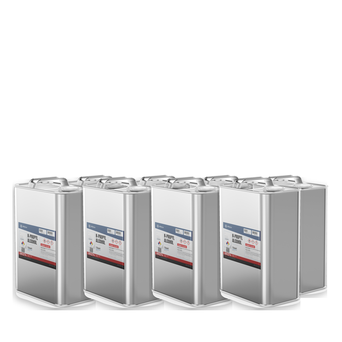 N-Propyl Alcohol ACS Reagent Grade in eight 1-quart metal cans from Alliance Chemical for analytical chemistry and reagent preparation