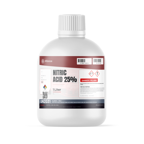 Nitric Acid 25% Technical Grade in a 1-liter white plastic bottle from Alliance Chemical for metal passivation