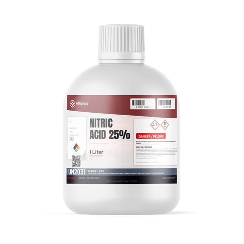 Nitric Acid 25% Technical Grade in a 1-liter plastic bottle for metal passivation, Alliance Chemical
