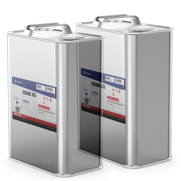 Hexane ACS Reagent Grade in two 1-gallon metal cans, Alliance Chemical for solvent extraction and laboratory analysis