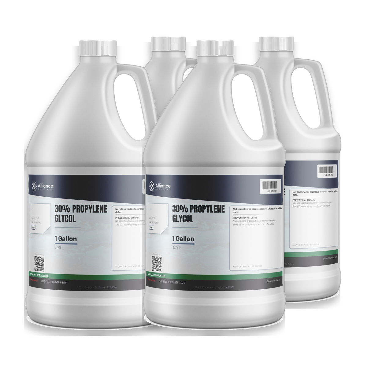 30% Propylene Glycol USP Grade in a case of four 1-gallon plastic jugs from Alliance Chemical