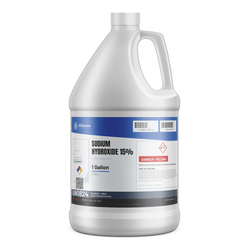 Sodium Hydroxide 15% Technical Grade in a 1-gallon plastic jug for water treatment, Alliance Chemical