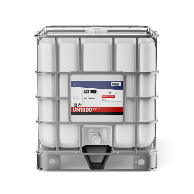 Acetone ACS grade in a 330-gallon IBC tote, Alliance Chemical for precision laboratory cleaning