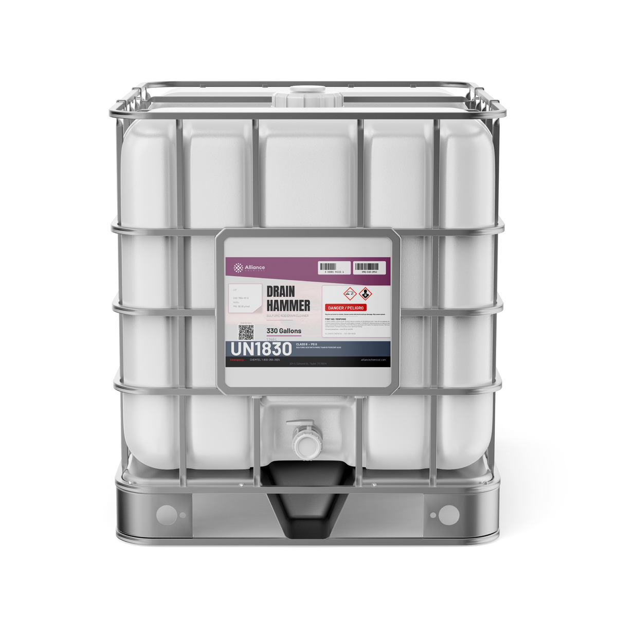 Drain Hammer concentrated sulfuric acid technical grade in a caged 330-gallon IBC tote, Alliance Chemical