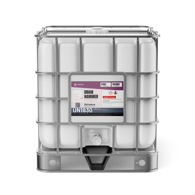 Drain Hammer concentrated sulfuric acid technical grade in a caged 330-gallon IBC tote, Alliance Chemical