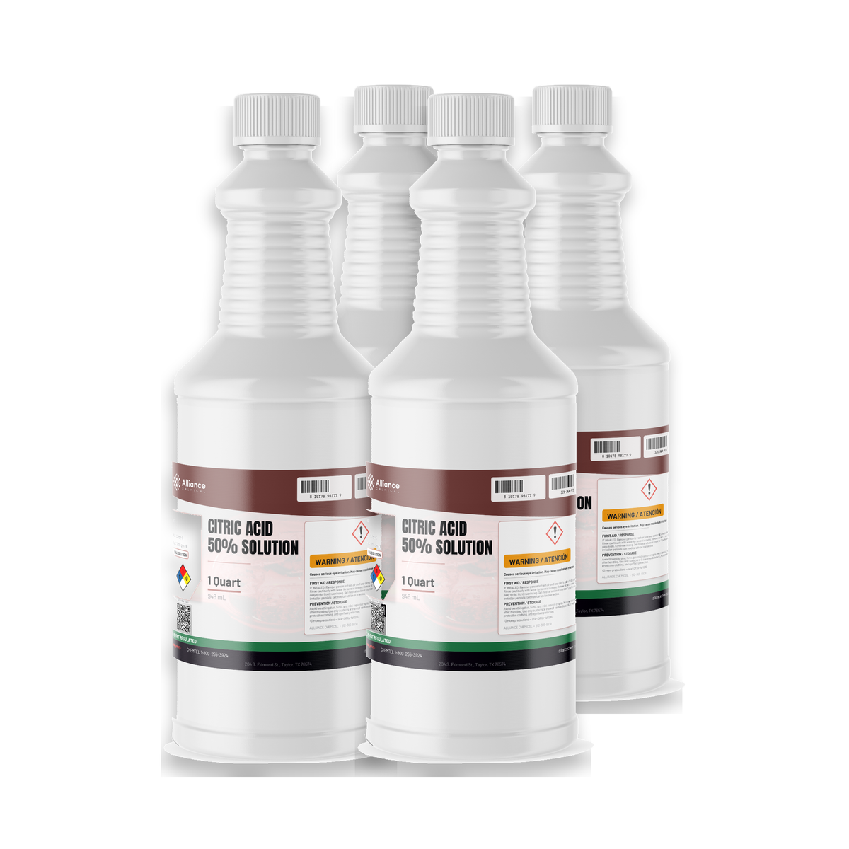 Citric Acid 50% Solution, four 1-quart plastic bottles for boiler descaling and metal cleaning, Alliance Chemical
