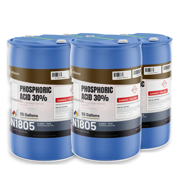 Phosphoric acid 30% technical grade in four 55-gallon drums from Alliance Chemical for rust removal and scale descaling