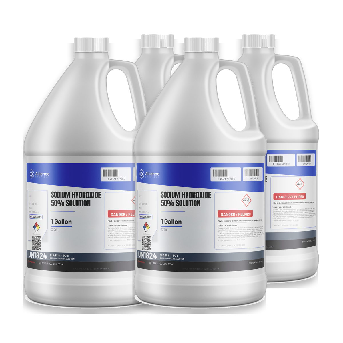 Sodium Hydroxide 50% Solution ACS Reagent Grade in four 1-gallon jugs, Alliance Chemical