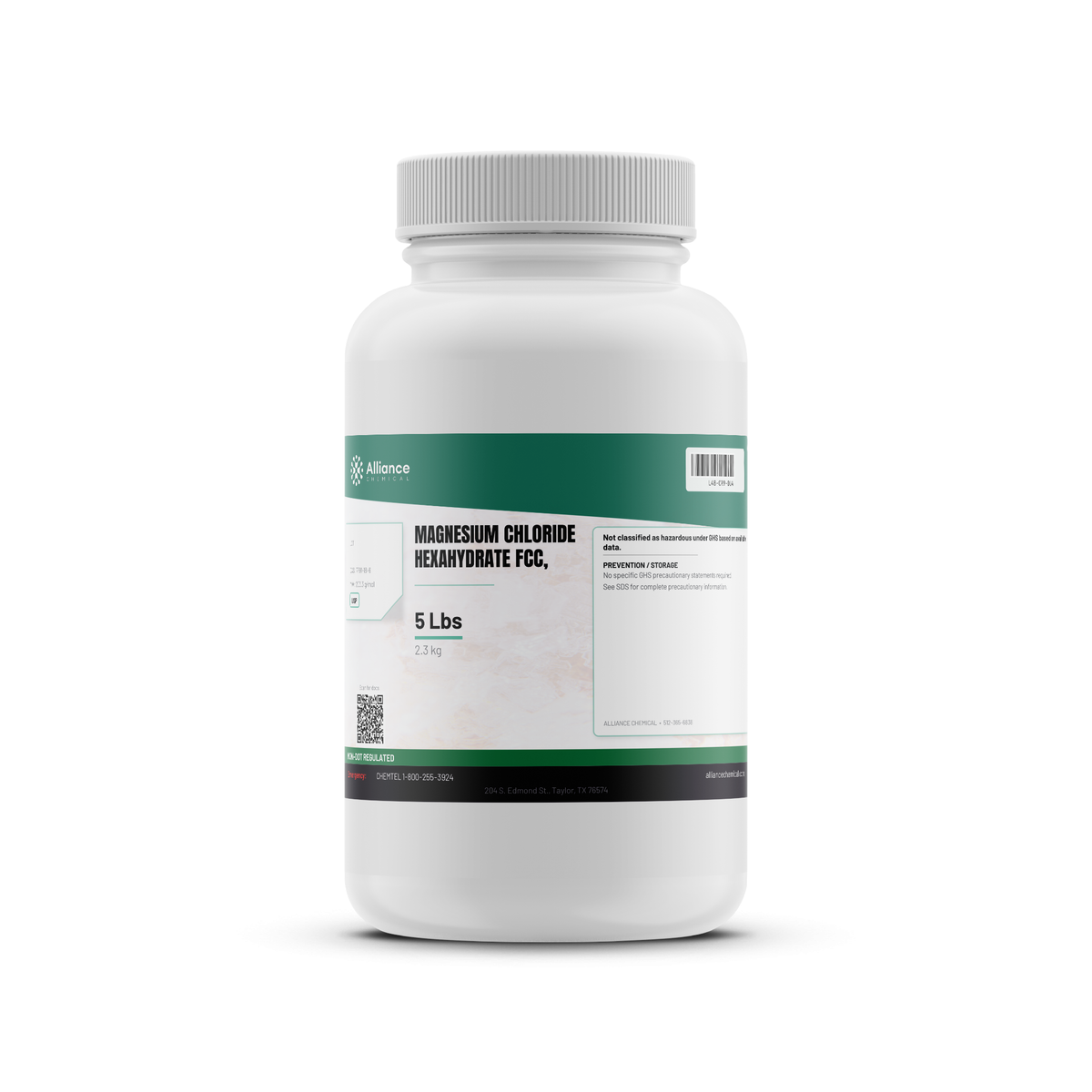Magnesium Chloride Hexahydrate FCC USP Grade in a 5-pound white bottle, from Alliance Chemical