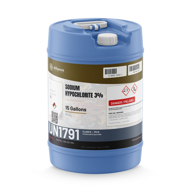 Sodium hypochlorite 3% technical grade in a 15-gallon blue plastic carboy, Alliance Chemical
