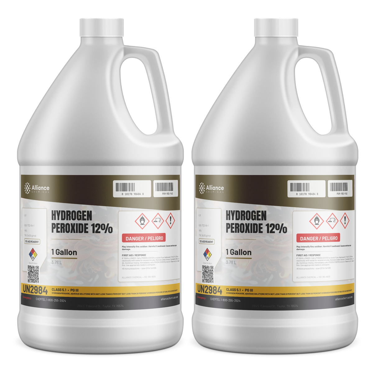Hydrogen Peroxide 12% ACS Reagent Grade in two 1-gallon jugs from Alliance Chemical for laboratory testing