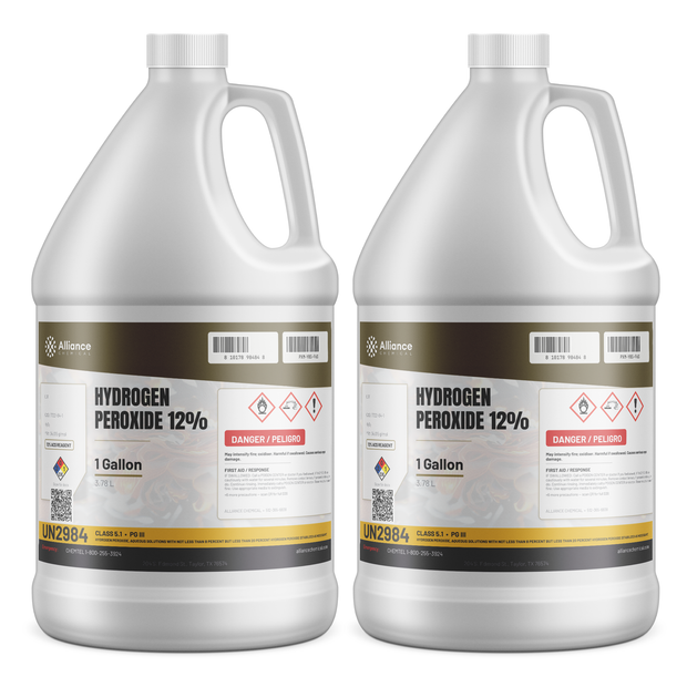 Hydrogen Peroxide 12% ACS Reagent Grade in two 1-gallon jugs from Alliance Chemical for laboratory testing