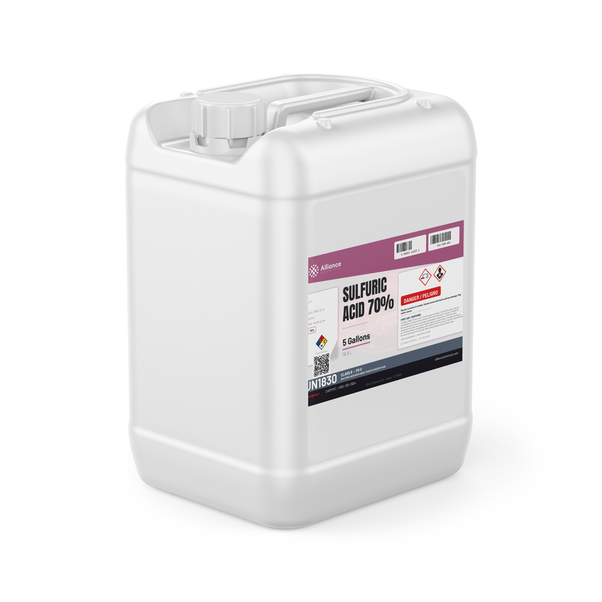 Sulfuric acid 70% technical grade in a 5-gallon white plastic jerry can for wastewater treatment, Alliance Chemical