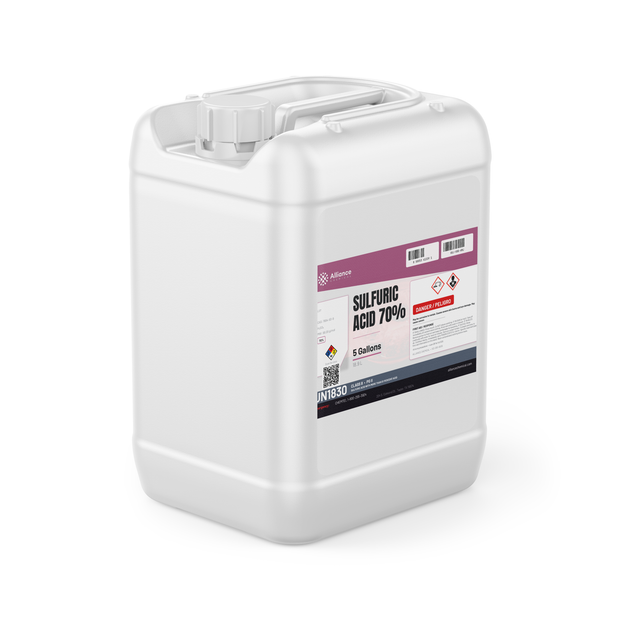 Sulfuric acid 70% technical grade in a 5-gallon white plastic jerry can for wastewater treatment, Alliance Chemical
