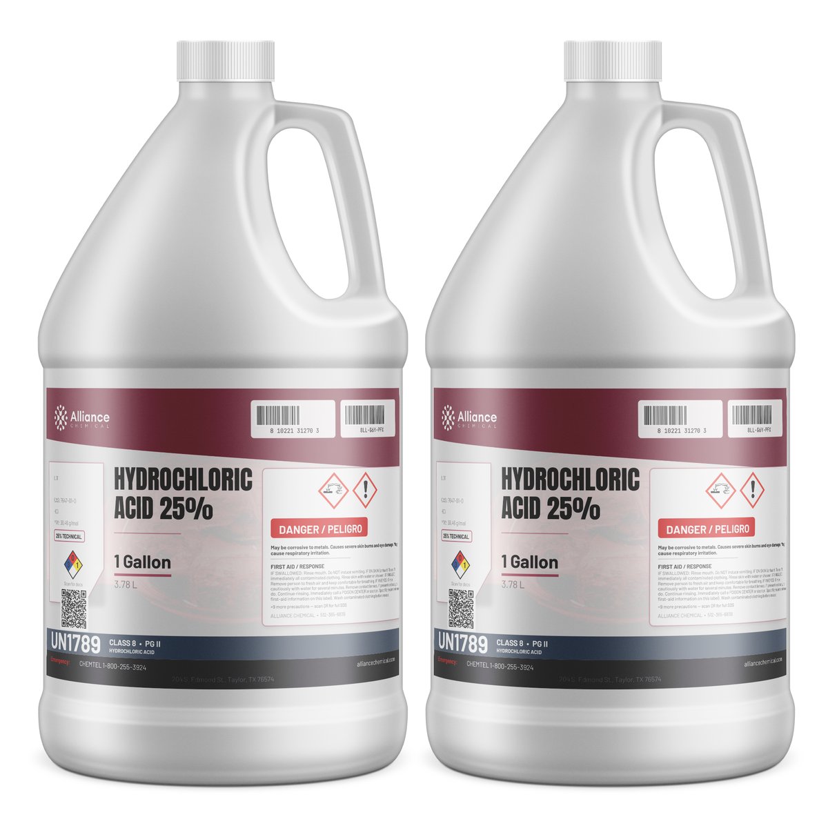 Hydrochloric Acid 25% Technical Grade in two 1-gallon plastic jugs, Alliance Chemical
