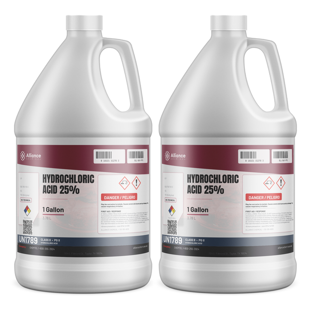 Hydrochloric Acid 25% Technical Grade in two 1-gallon plastic jugs, Alliance Chemical