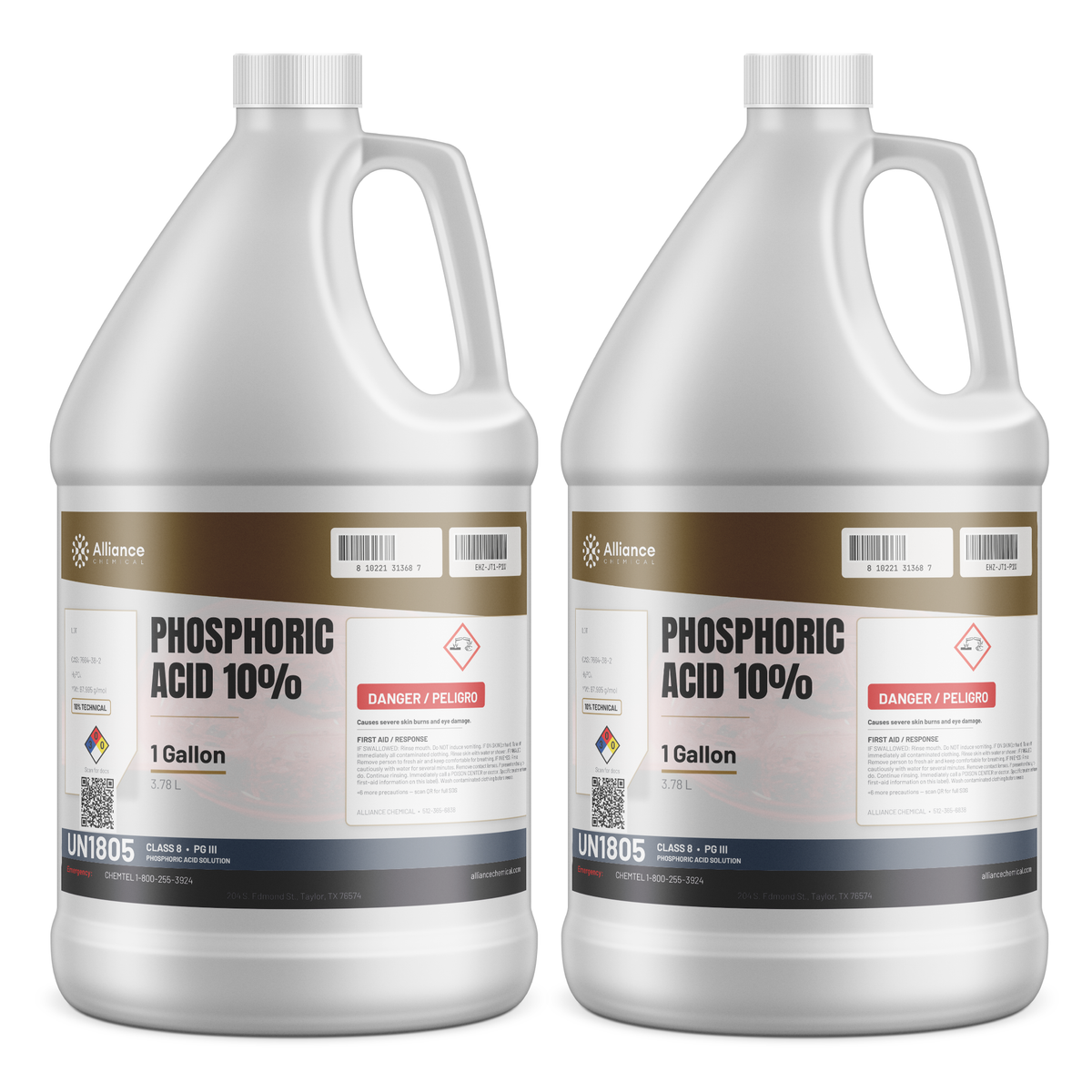 Phosphoric Acid 10% Technical Grade in two 1-gallon plastic jugs for metal finishing, Alliance Chemical