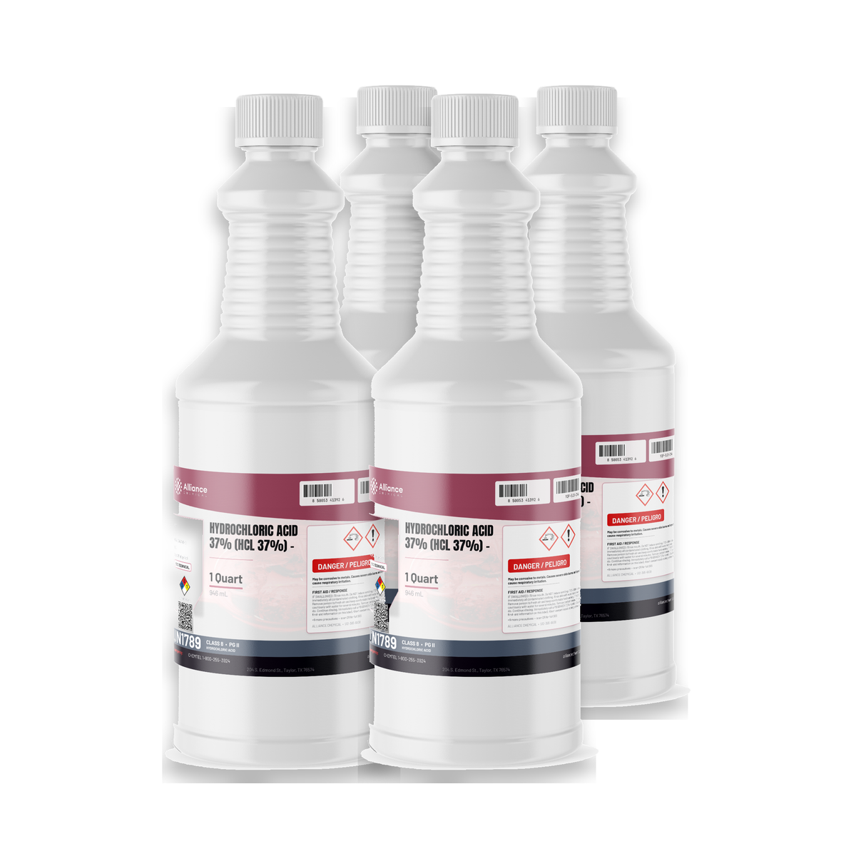 Hydrochloric Acid 37% Technical Grade in four 1-quart bottles for metal cleaning, Alliance Chemical
