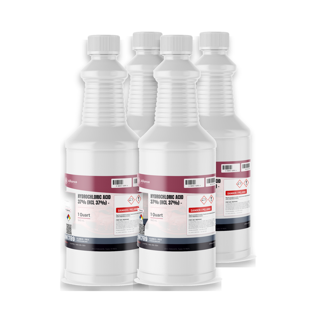 Hydrochloric Acid 37% Technical Grade in four 1-quart bottles for metal cleaning, Alliance Chemical