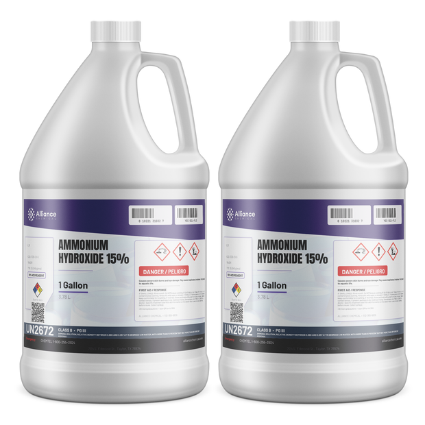 Ammonium Hydroxide 15% ACS Reagent Grade in two 1-gallon plastic jugs, Alliance Chemical