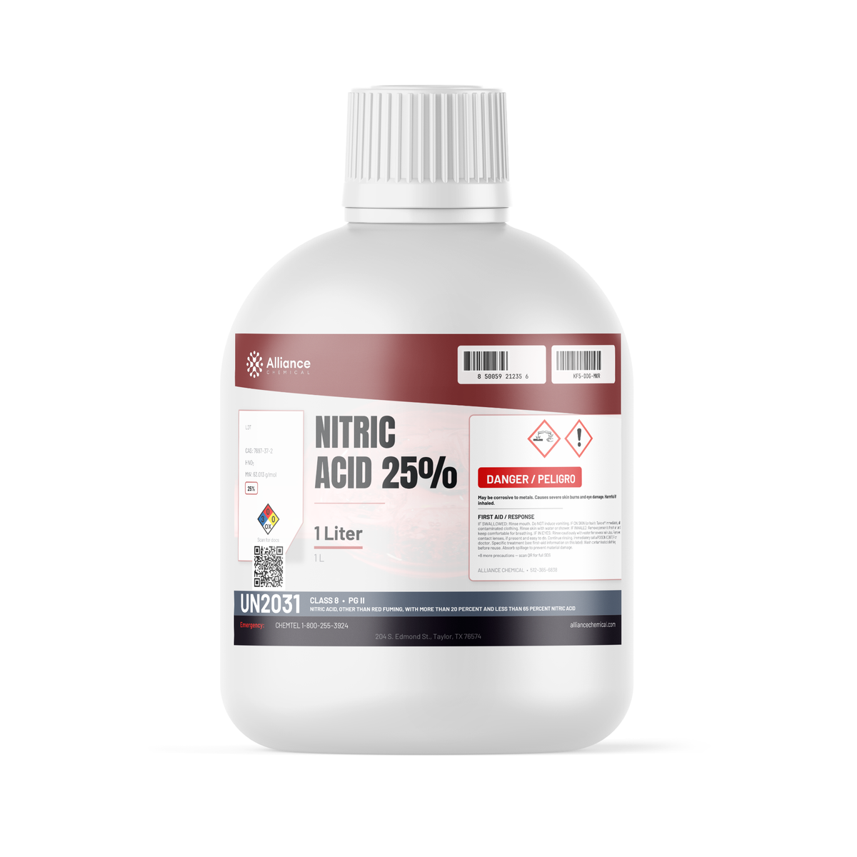 Nitric acid 25% technical grade in a 1-liter white plastic bottle for stainless steel passivation, Alliance Chemical