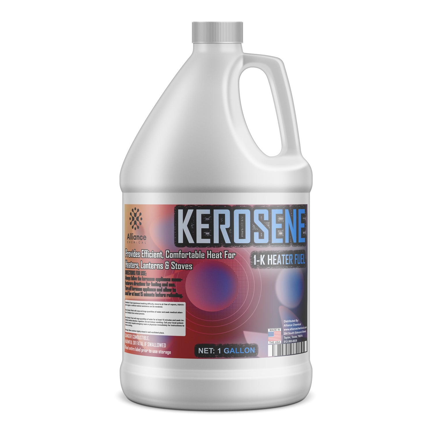 1-gallon white HDPE container of K-1 kerosene heater fuel with safety warnings, made in USA, for heaters, lanterns and stoves.