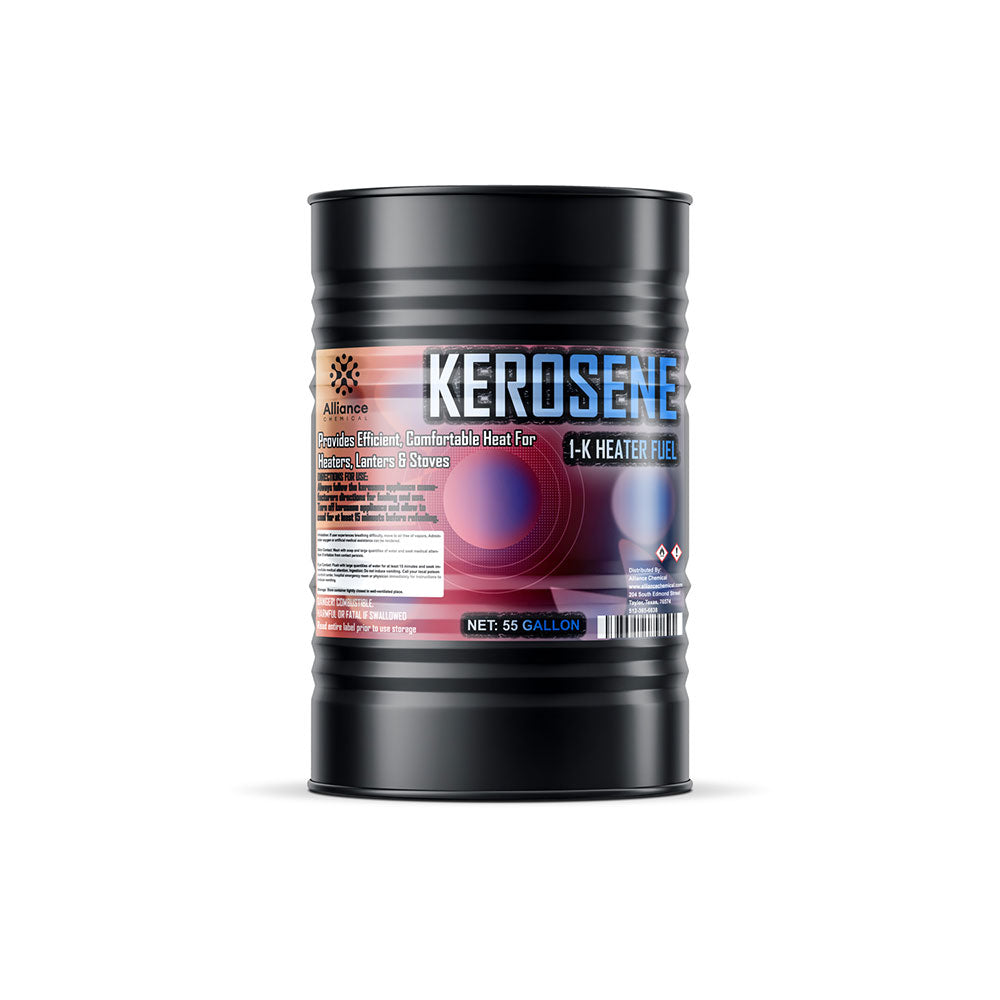 55-gallon black steel drum of K-1 kerosene heater fuel Alliance Chemical branding, and efficient heat specification