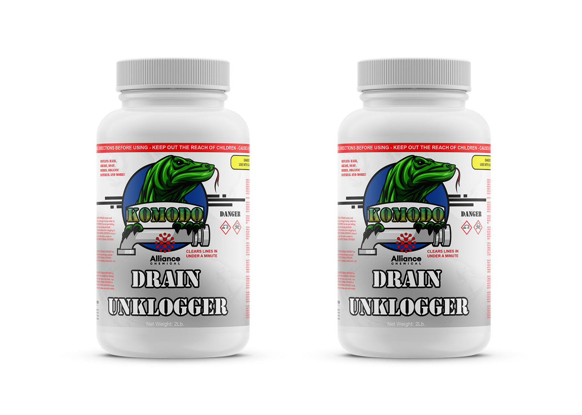 Two 2-lb plastic bottles of Alliance Chemical Komodo Drain Unklogger with white ribbed caps and labeled containers.