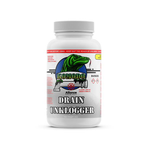 2lb Komodo Drain Unklogger in HDPE container with danger symbols professional-grade chemical cleaner by Alliance Chemical