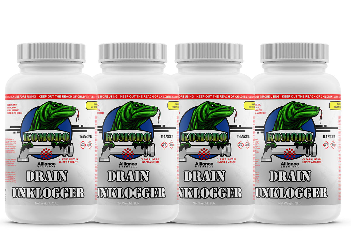 Four 2 lb plastic bottles of Alliance Chemical Komodo Drain Unklogger with white ribbed caps and labeled graphics.
