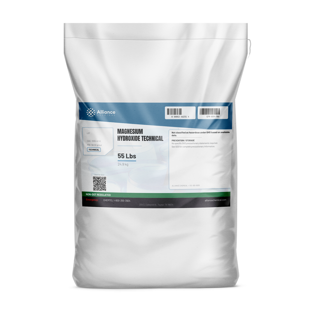 Magnesium Hydroxide Technical Grade in a 55-pound bag for wastewater treatment pH adjustment, Alliance Chemical