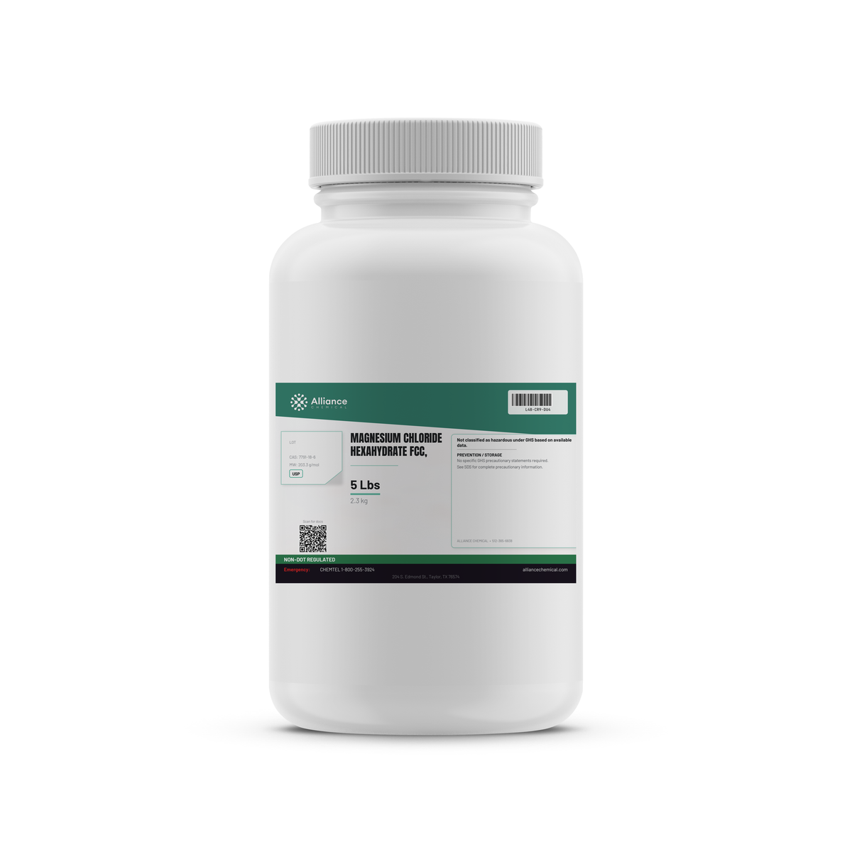 Magnesium Chloride Hexahydrate USP Grade in a 5-lb plastic bottle from Alliance Chemical for food processing and dust control