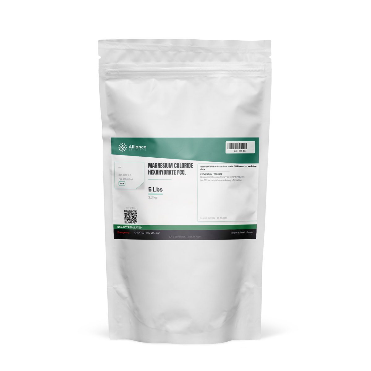 Magnesium Chloride Hexahydrate FCC USP grade in a 5-lb resealable pouch, Alliance Chemical