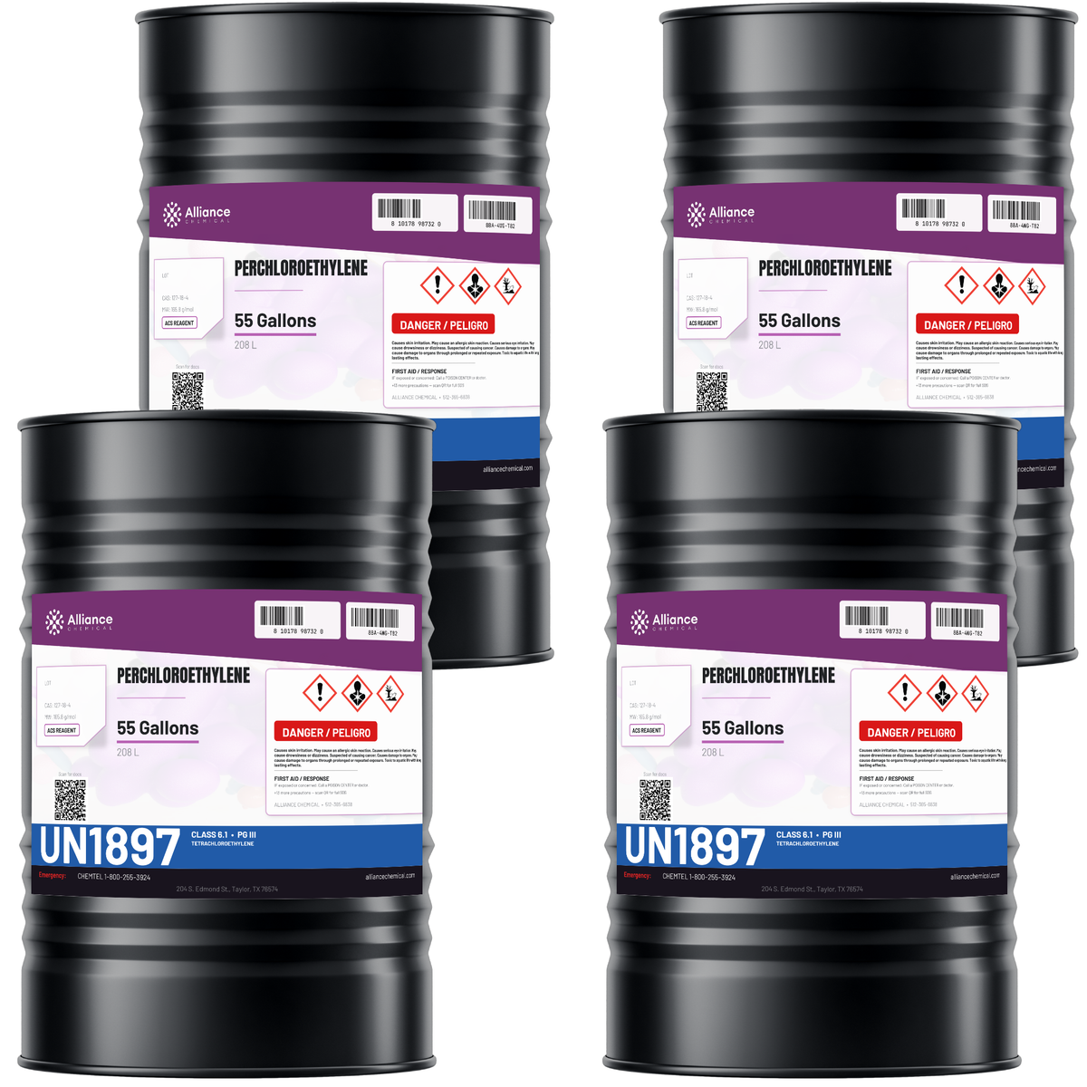 Perchloroethylene ACS grade, four 55-gallon steel drums for dry cleaning and vapor degreasing, Alliance Chemical