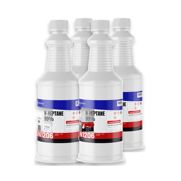 n-Heptane 99% ACS grade, four 1-pint bottles from Alliance Chemical for laboratory chromatography
