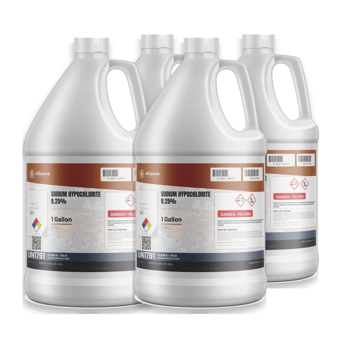 Sodium hypochlorite 8.25% technical grade in a case of four 1-gallon plastic jugs from Alliance Chemical